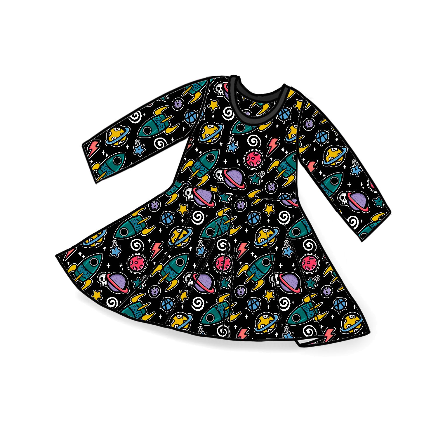 Vestido infantil preto com padrão de foguetes e planetas coloridos