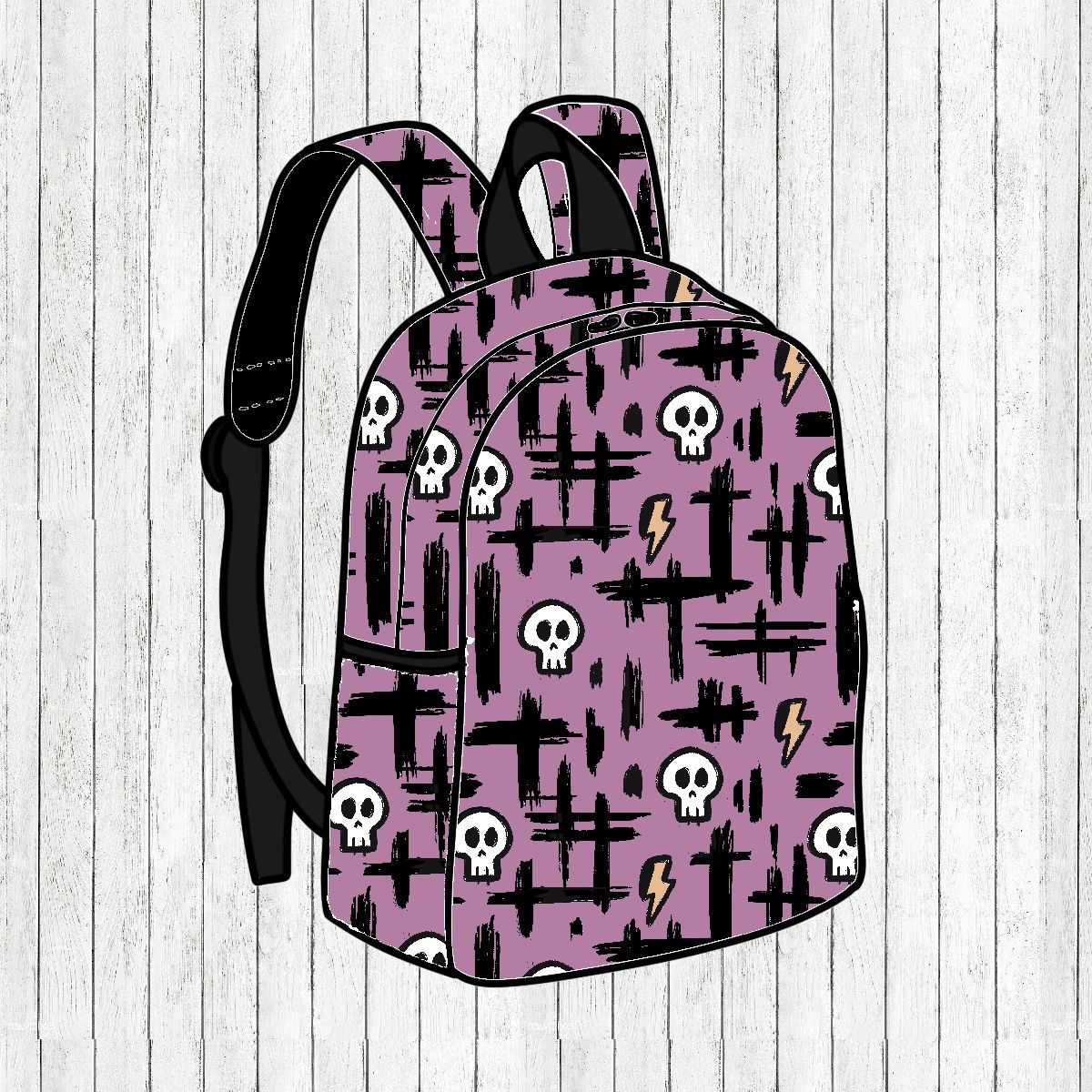 Mochila roxa com padrão de caveiras, relâmpagos e riscas pretas