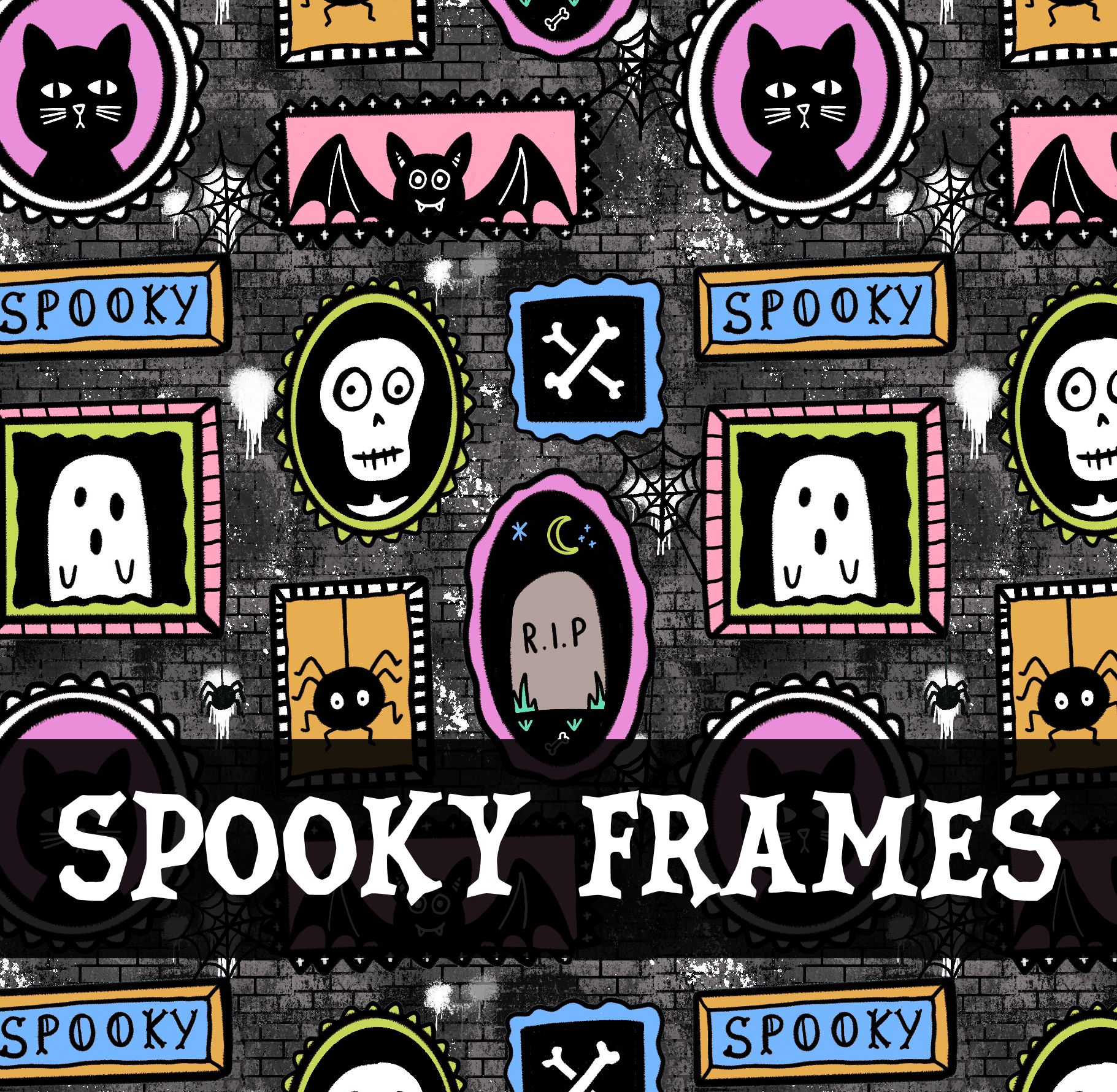 Padrão com molduras assustadoras coloridas e texto SPOOKY FRAMES