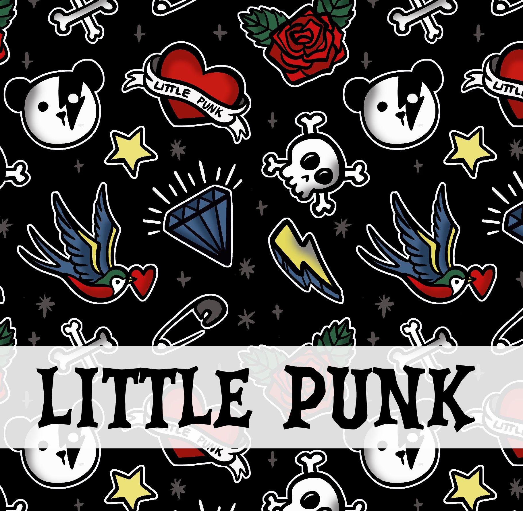 Padrão punk colorido com símbolos variados em fundo preto