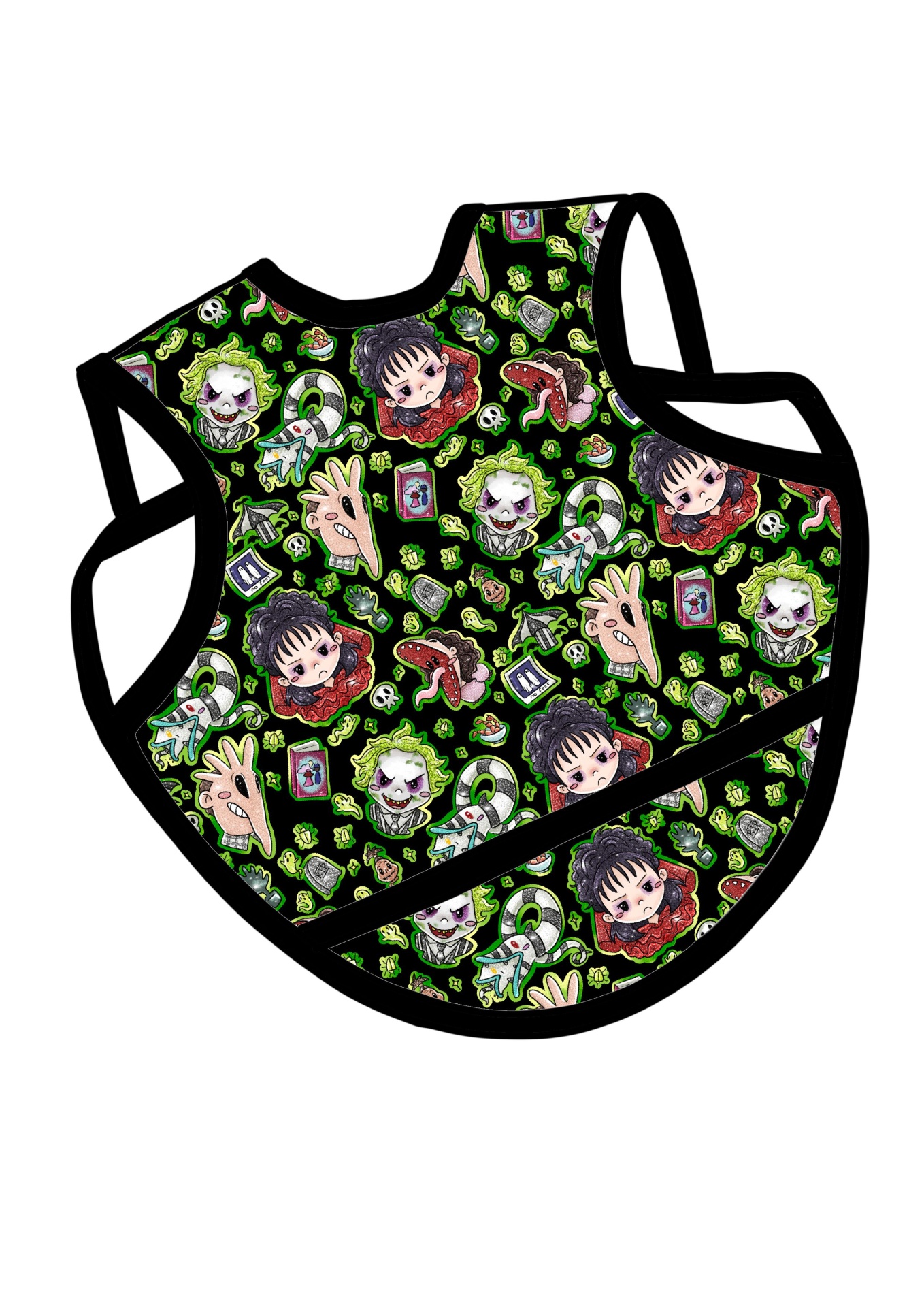 Babete preto com padrão colorido de personagens em estilo cartoon