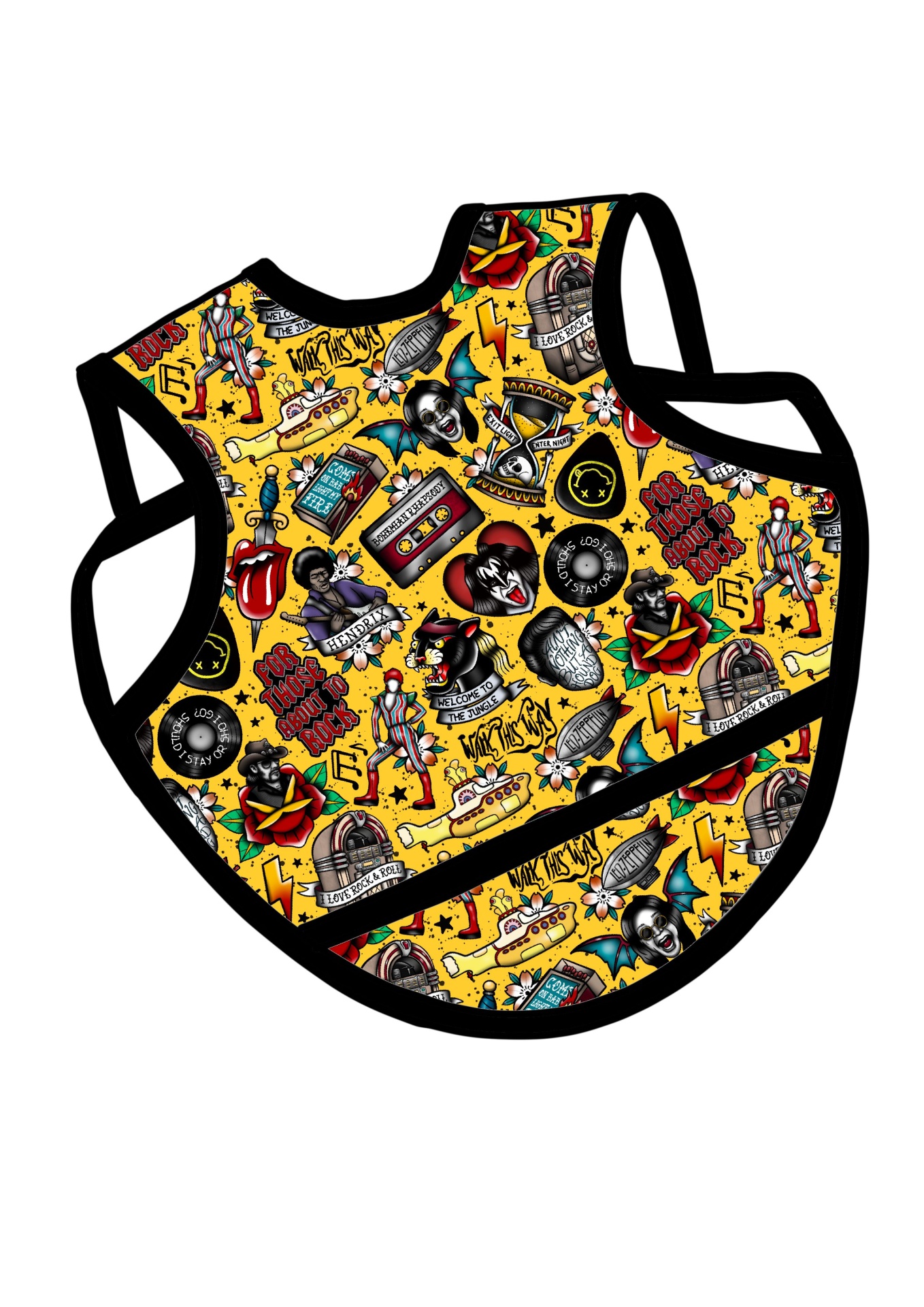 Babete colorido com padrões rock em fundo amarelo