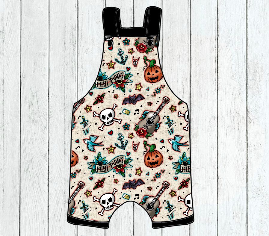 Macacão de bebé com padrão colorido de caveiras e guitarras