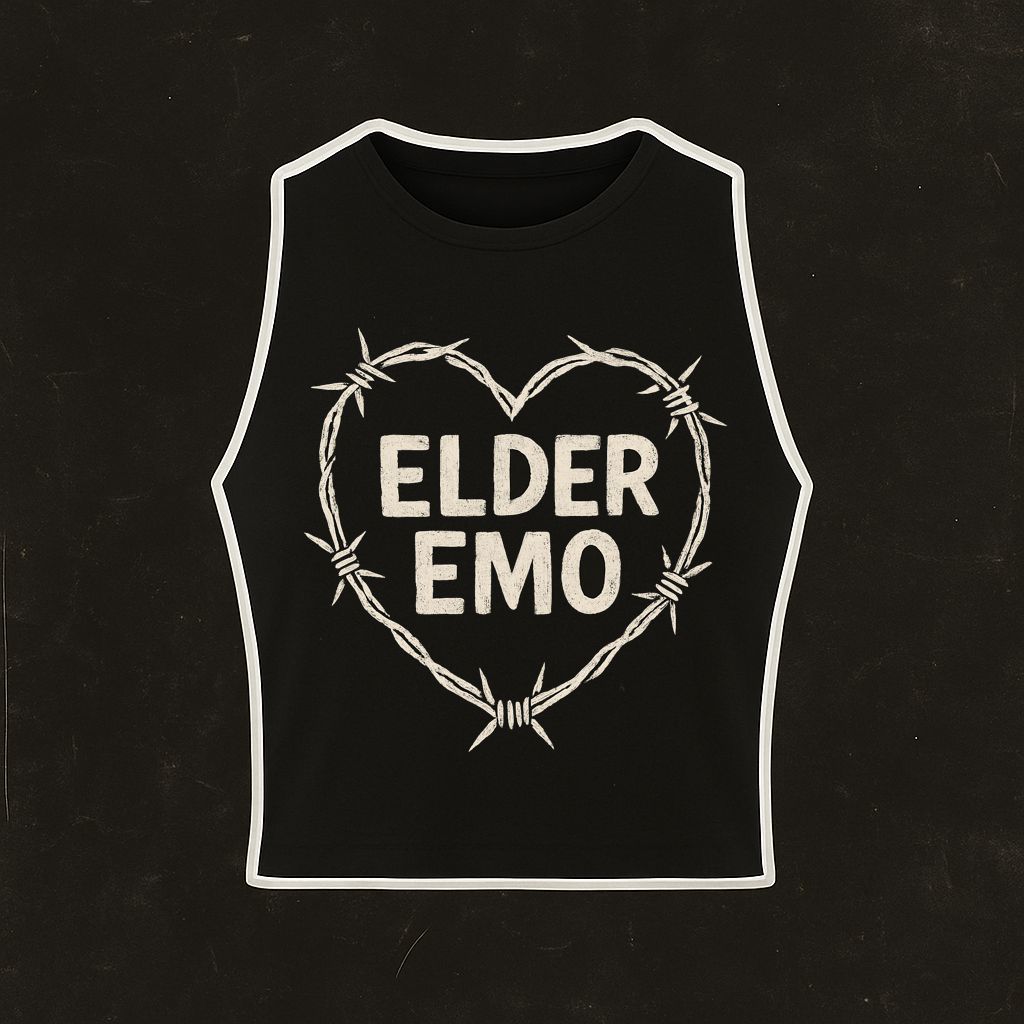 Top preto com estampa de coração de arame farpado e texto ELDER EMO