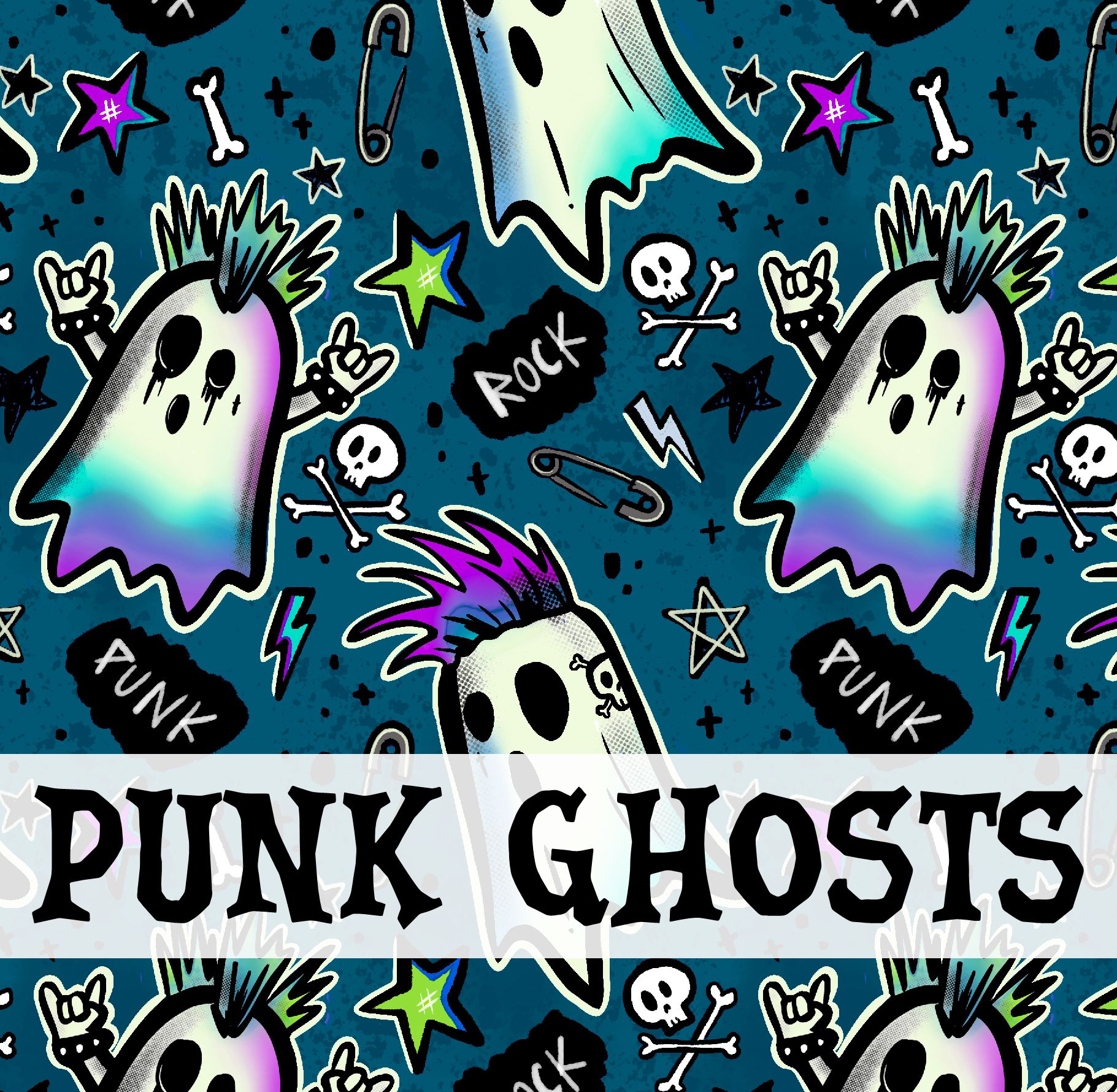 Padrão de fantasmas punk coloridos com texto PUNK GHOSTS