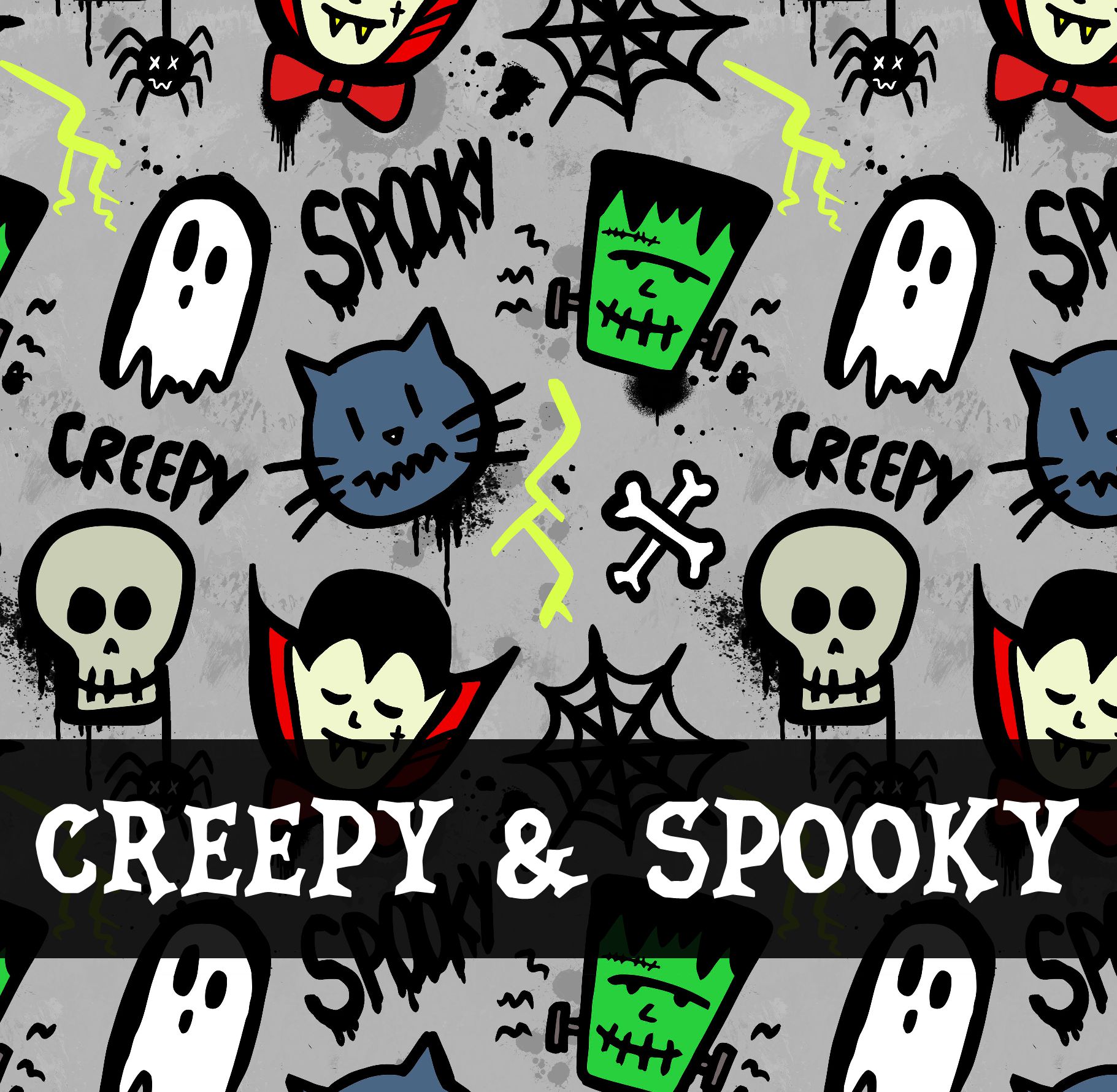 Padrão Halloween com caveiras, fantasmas, gatos pretos e monstros verdes