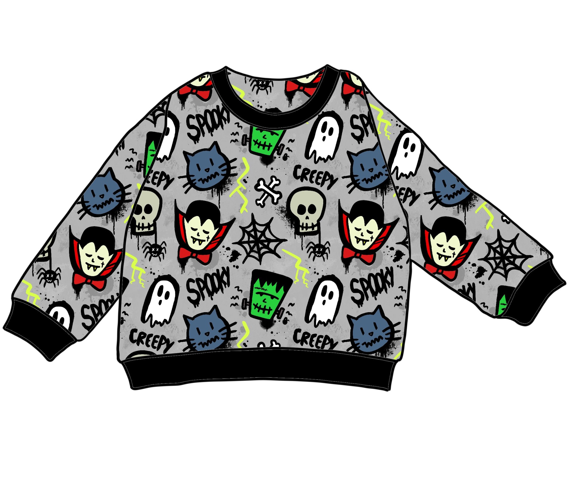 Sweatshirt infantil cinzenta com padrão Halloween colorido e punhos pretos