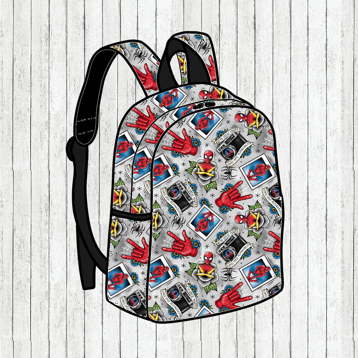 Mochila Spider-Man com padrão colorido e texto motivacional