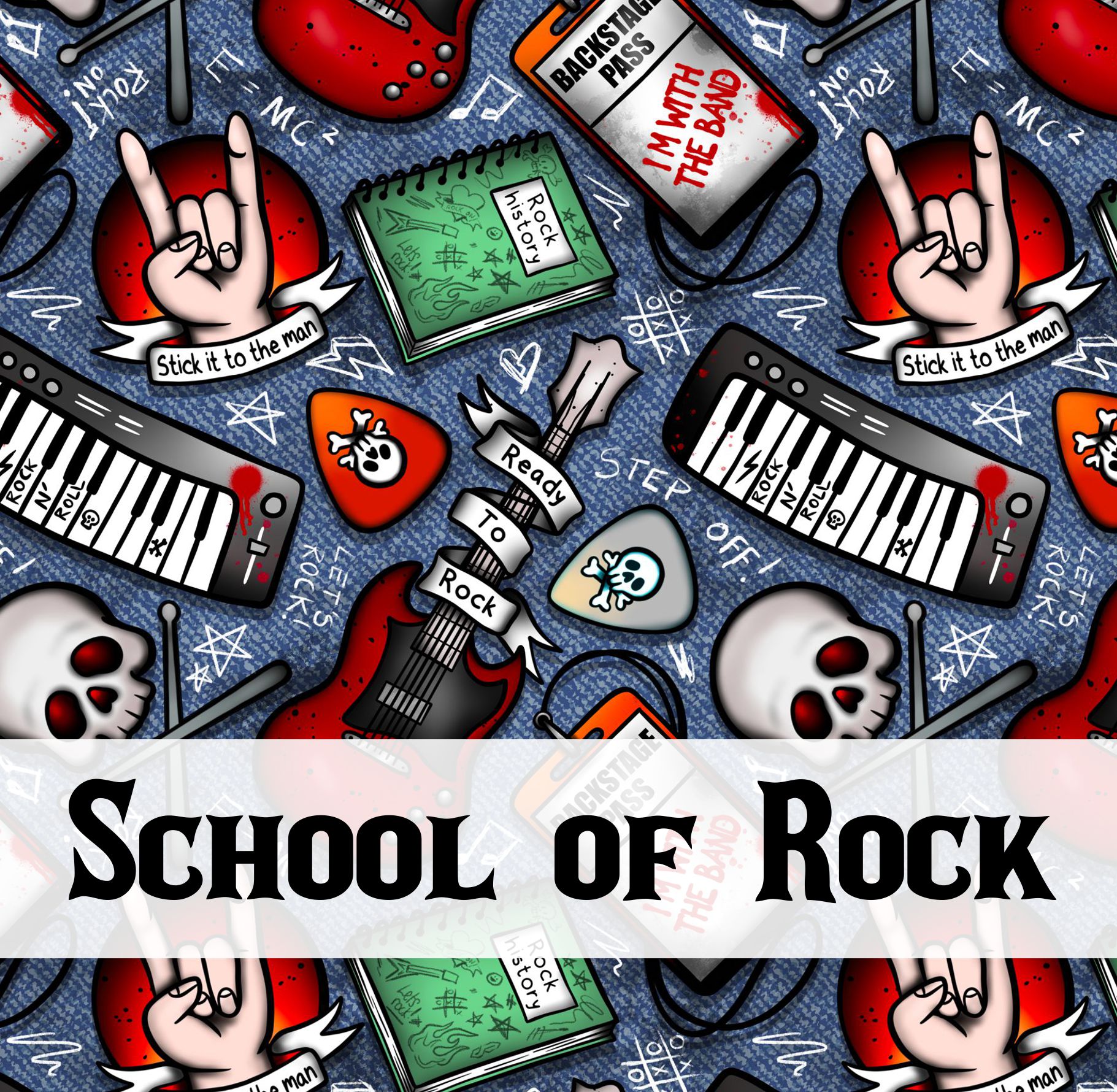 Padrão colorido com guitarras, teclados, cadernos, palhetas, caveiras e textos temáticos de rock.