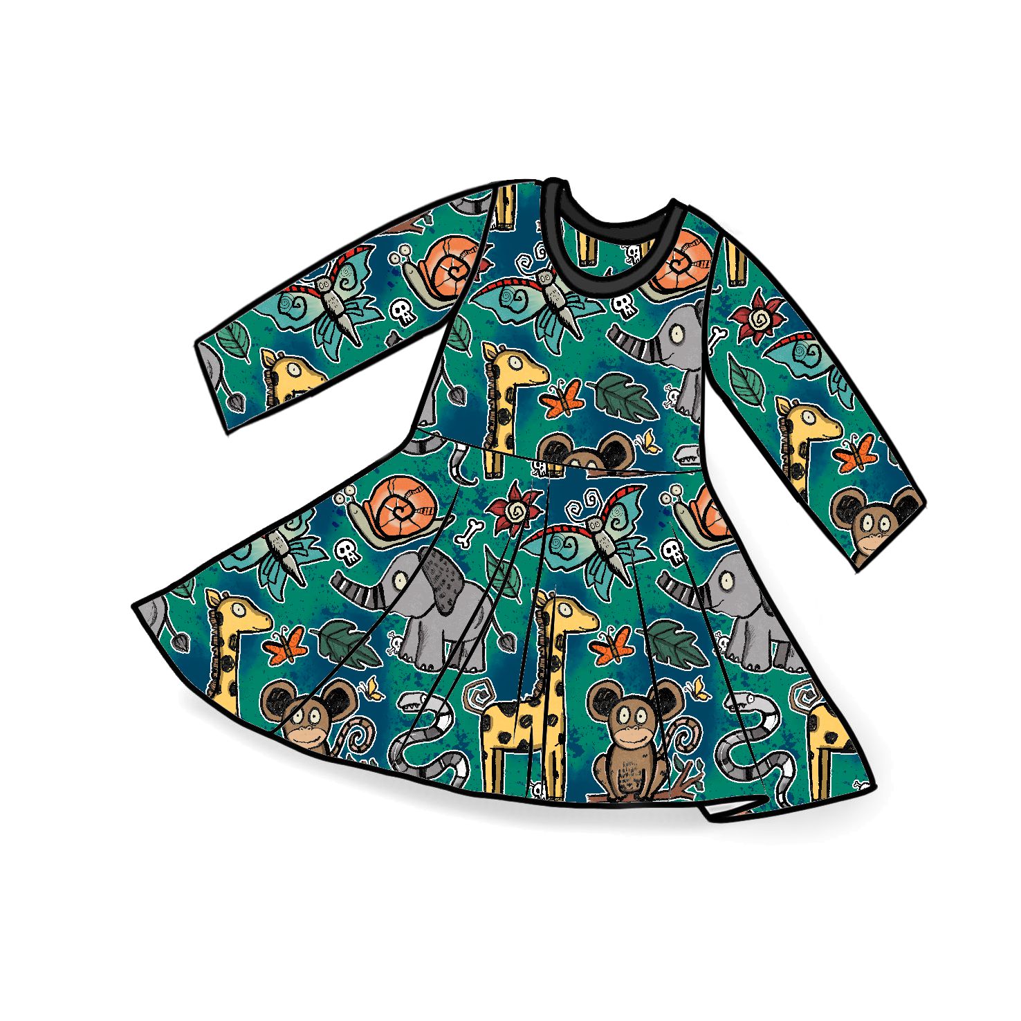 Vestido infantil azul-esverdeado com padrão de animais e flores