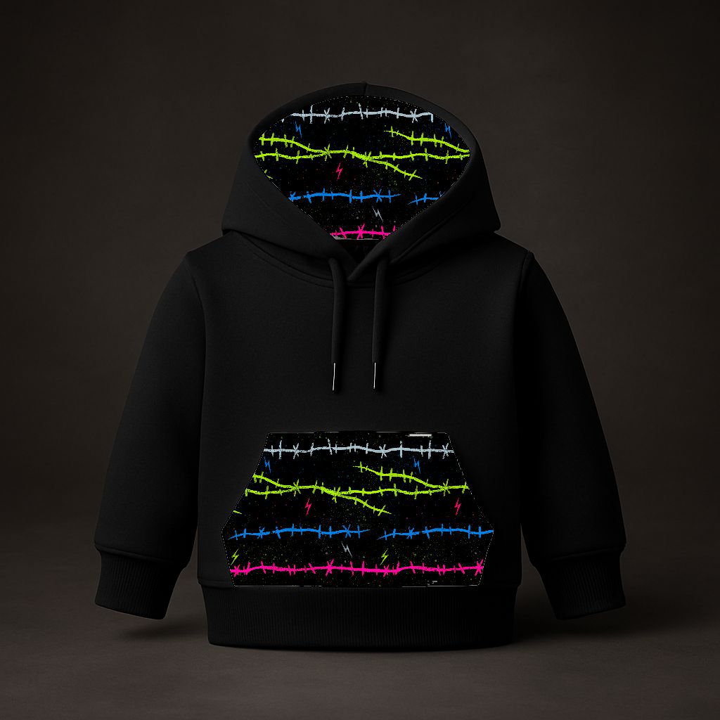 Sweatshirt preta com detalhes coloridos de arame farpado no capuz e bolso