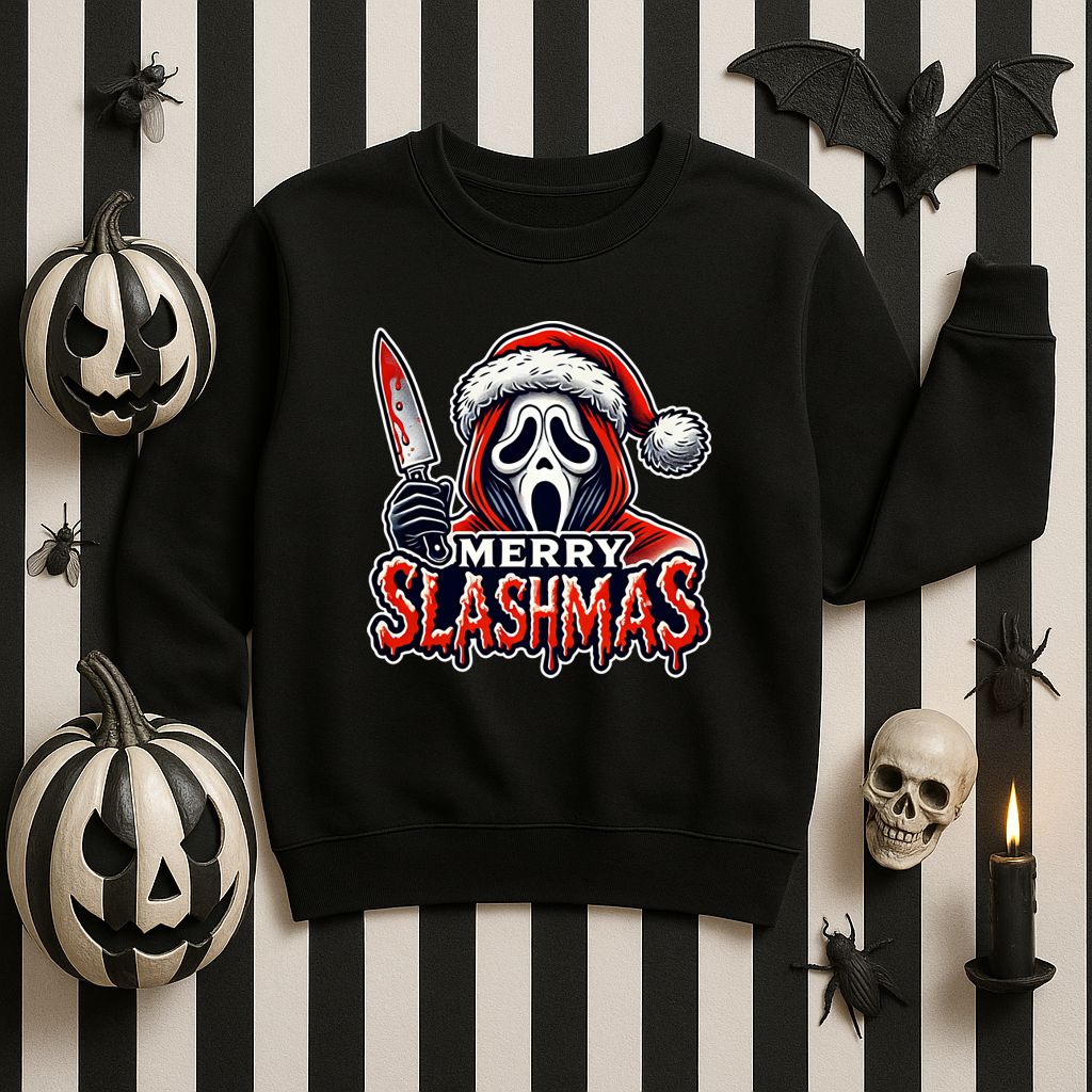 Sweatshirt preta com estampa 'MERRY SLASHMAS' com tema assustador e Natal