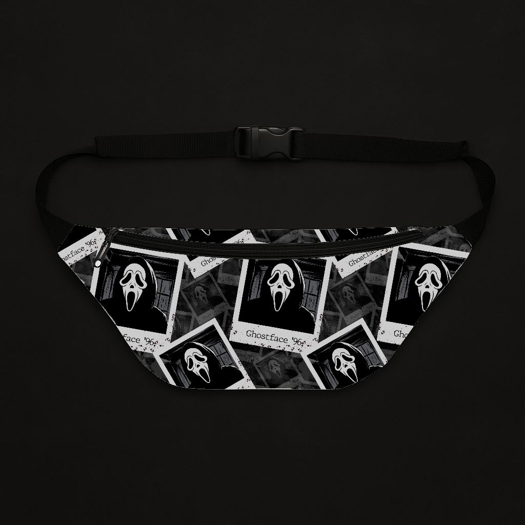 Pochete padrão Ghostface com fotografias em preto e branco