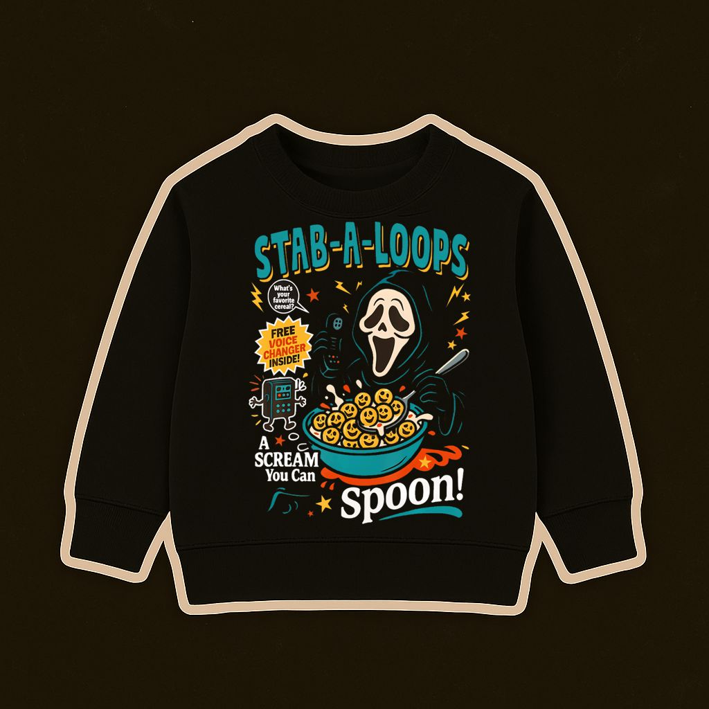 Camisola preta com estampa do personagem Scream com cereal e texto colorido.