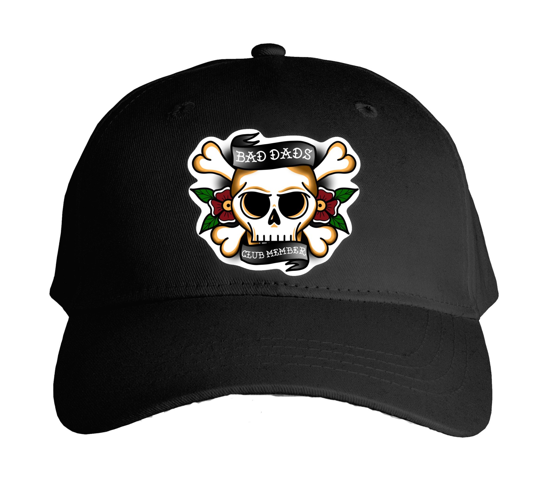 Boné preto com bordado de caveira e texto