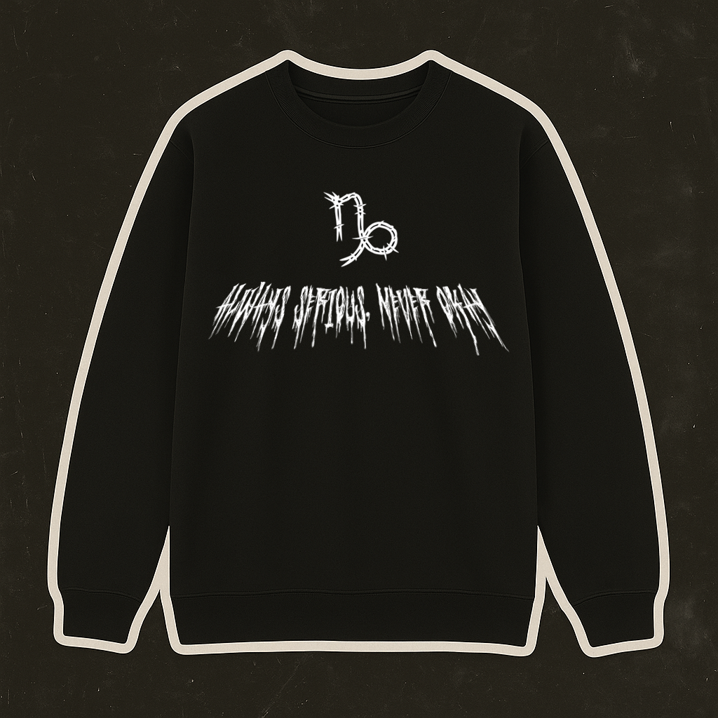 Sweatshirt preta com símbolo de signo em arame farpado branco e texto branco estilizado