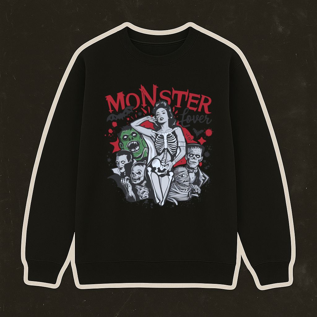 Camisola preta com estampa de personagens monstruosos cartoon e texto MONSTER Lover