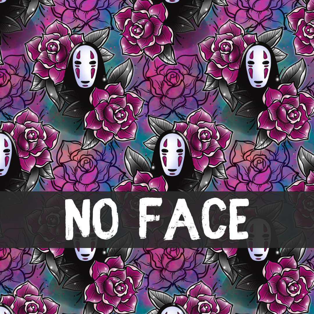 Padrão floral com personagens mascarados e texto 'NO FACE'