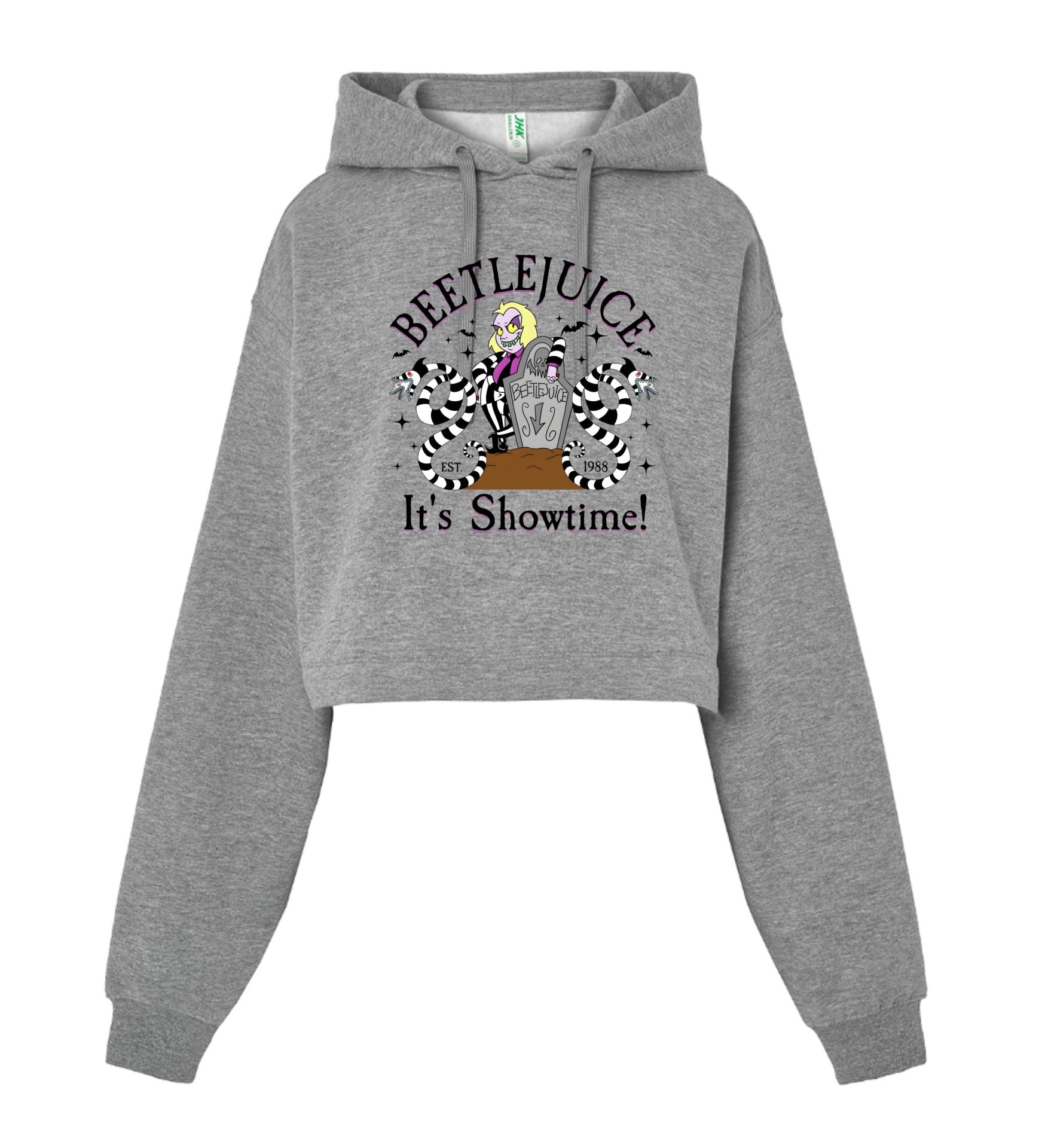 Camisola cinza com capuz e estampa Beetlejuice com texto