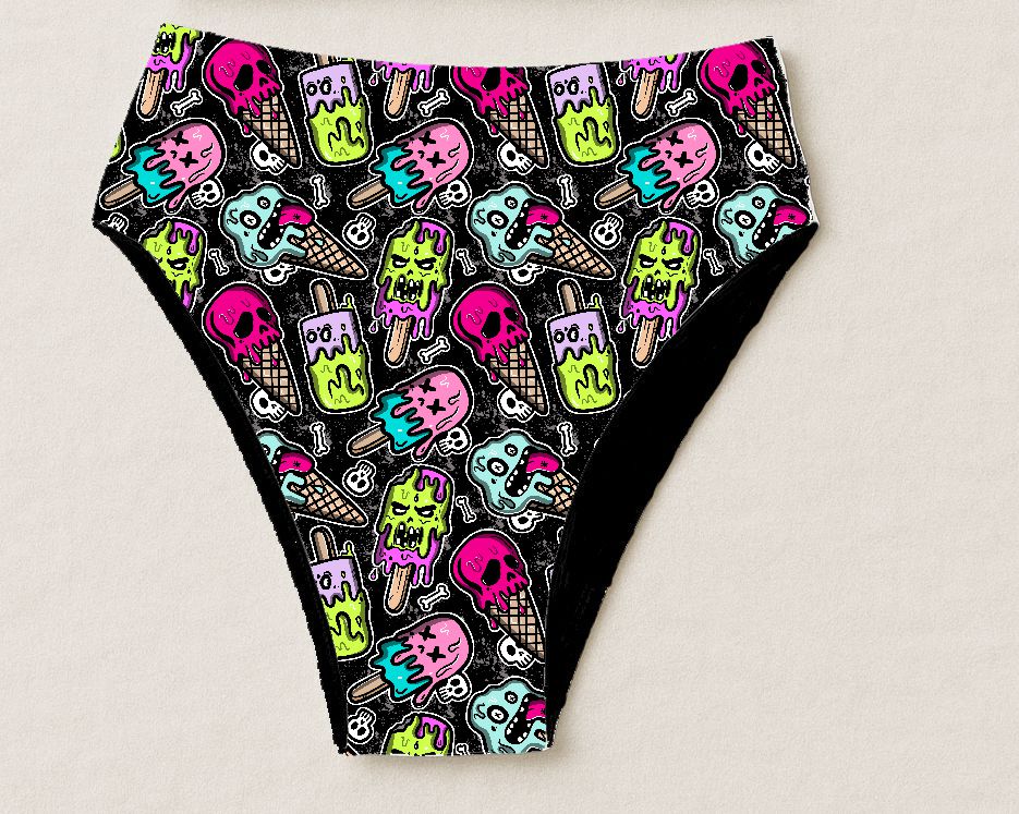 Cueca feminina com padrão de gelados tipo caveira coloridos