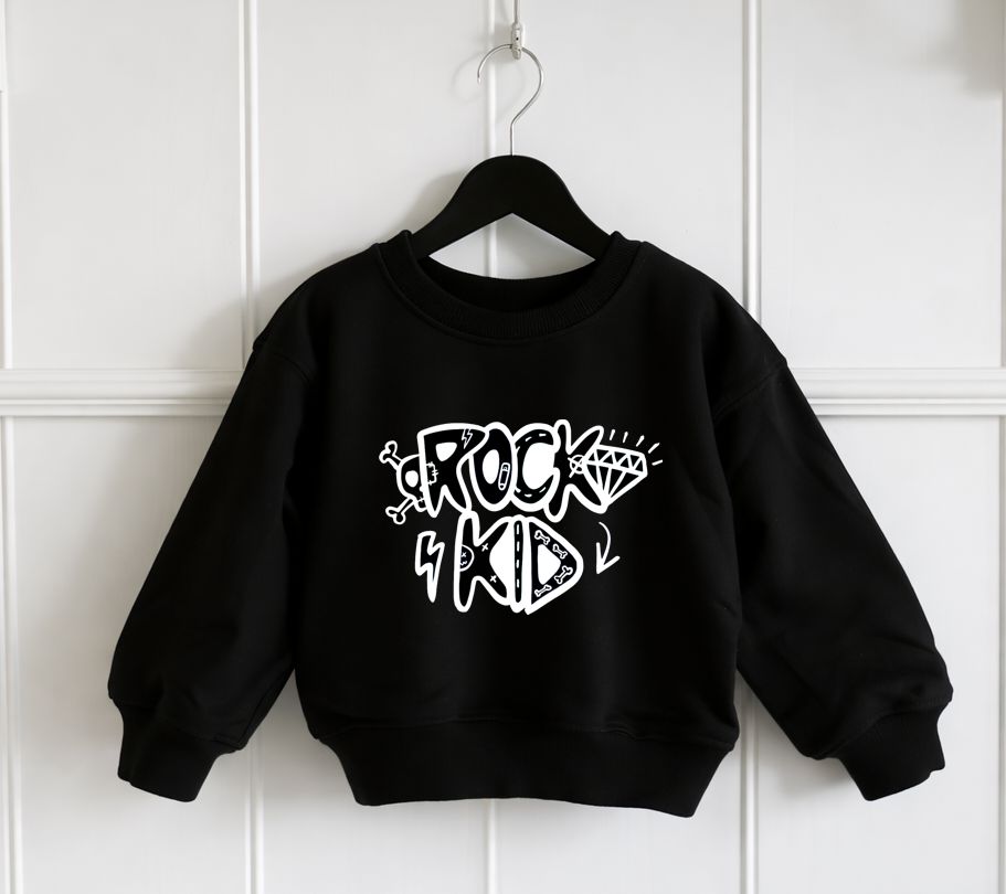 Sweatshirt preta infantil com estampado branco ROCK KID