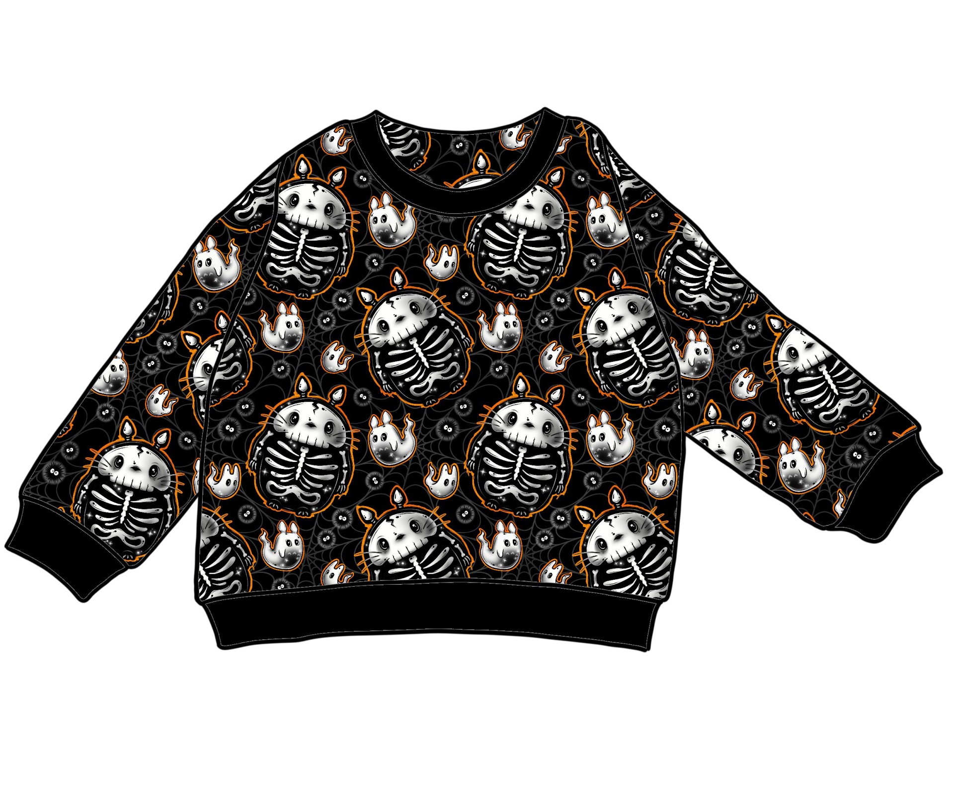 Sweatshirt preta com padrão de esqueletos brancos e detalhes em laranja