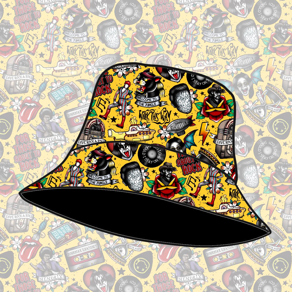 Chapéu bucket com padrão colorido e fundo amarelo