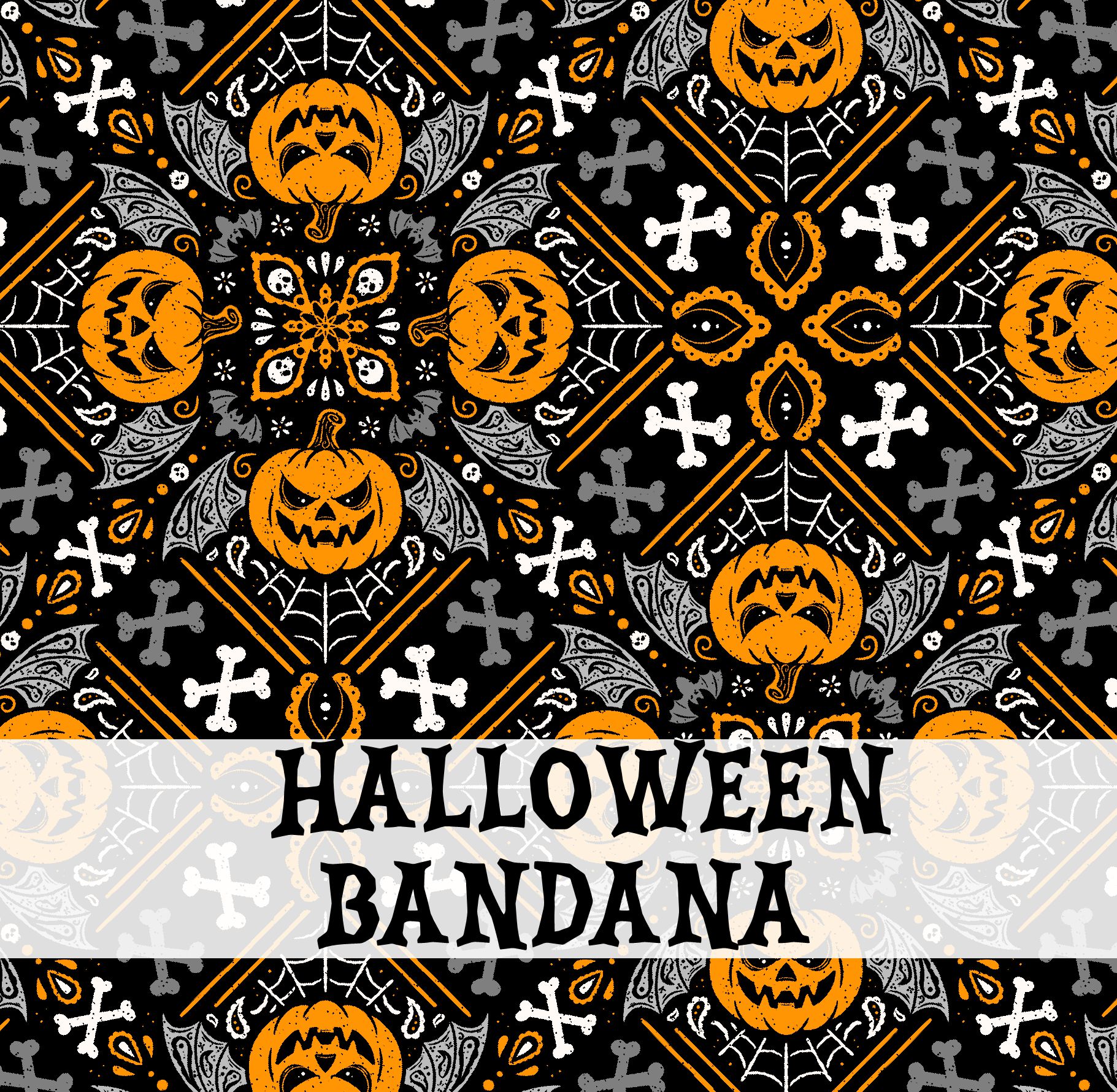 Padrão de bandana Halloween com abóboras e morcegos sobre fundo preto