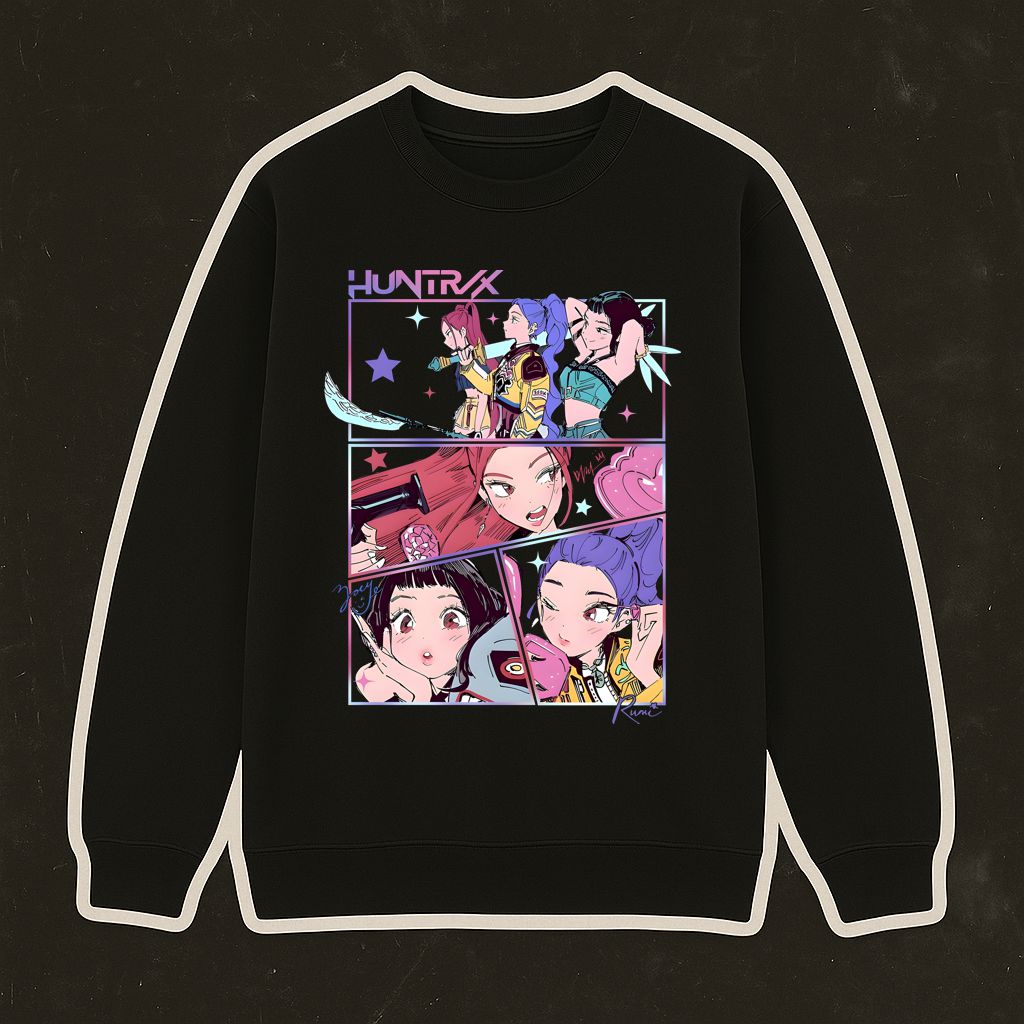 Sweatshirt preta com estampa colorida de personagens anime e texto HUNTRIX