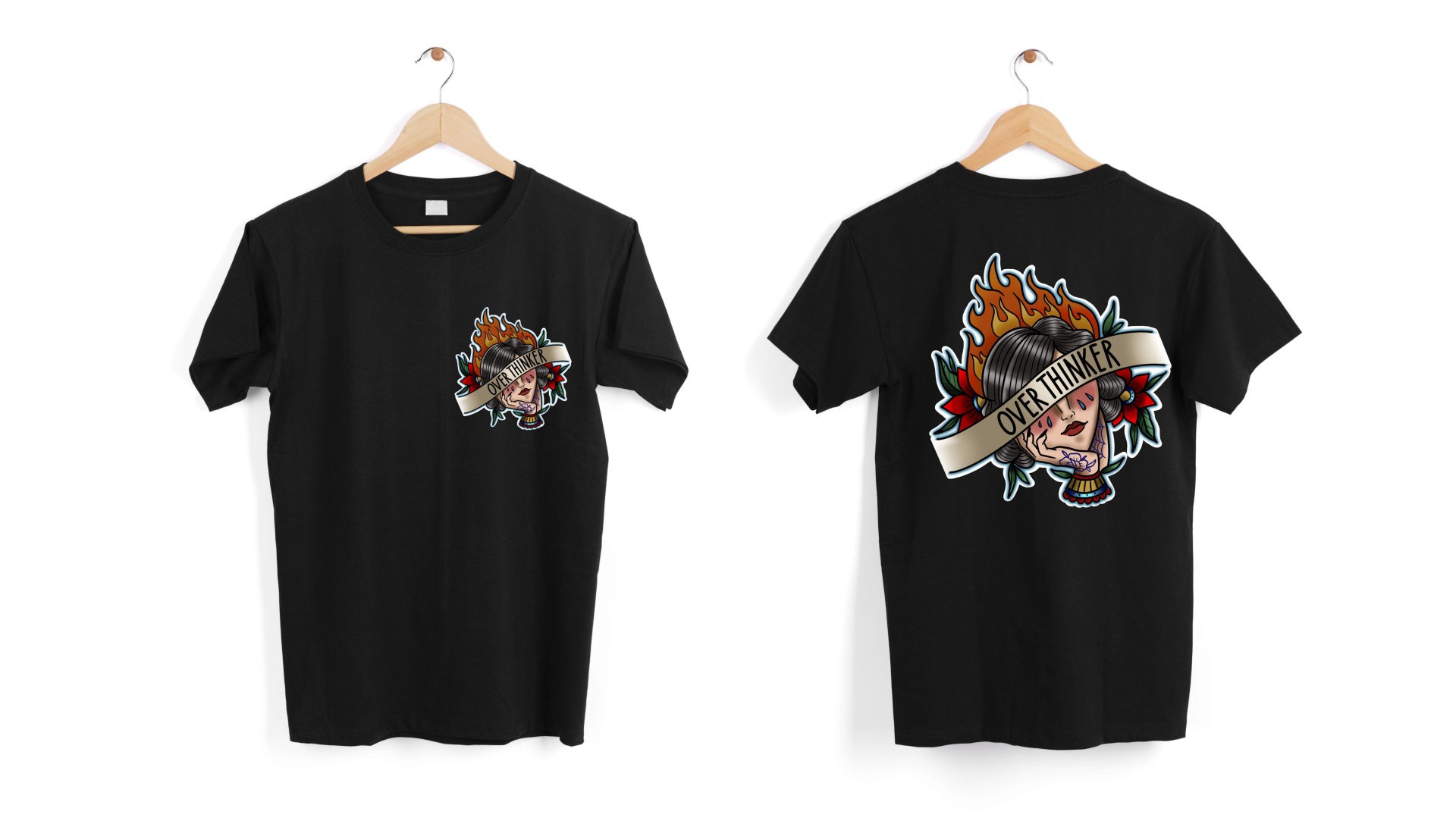 Duas t-shirts pretas com estampados coloridos, frente e verso visíveis