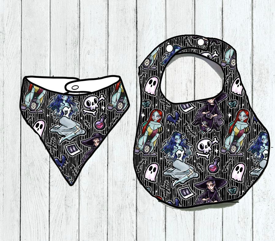 Conjunto de babete e bandana para bebé com padrão de Halloween colorido