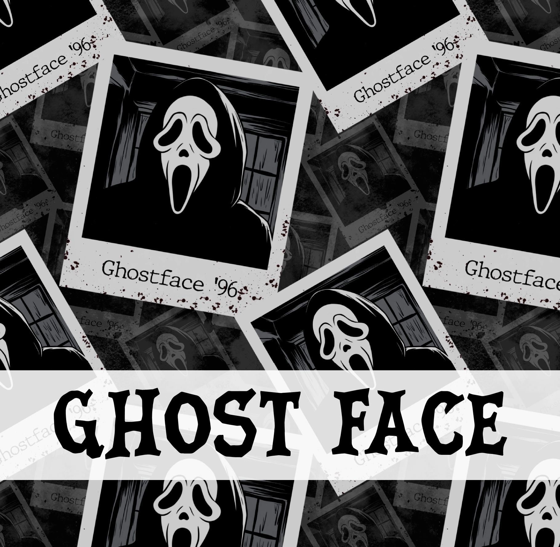 Padrão de fotografias de personagem Ghostface com texto Ghostface 96 e GHOST FACE em destaque