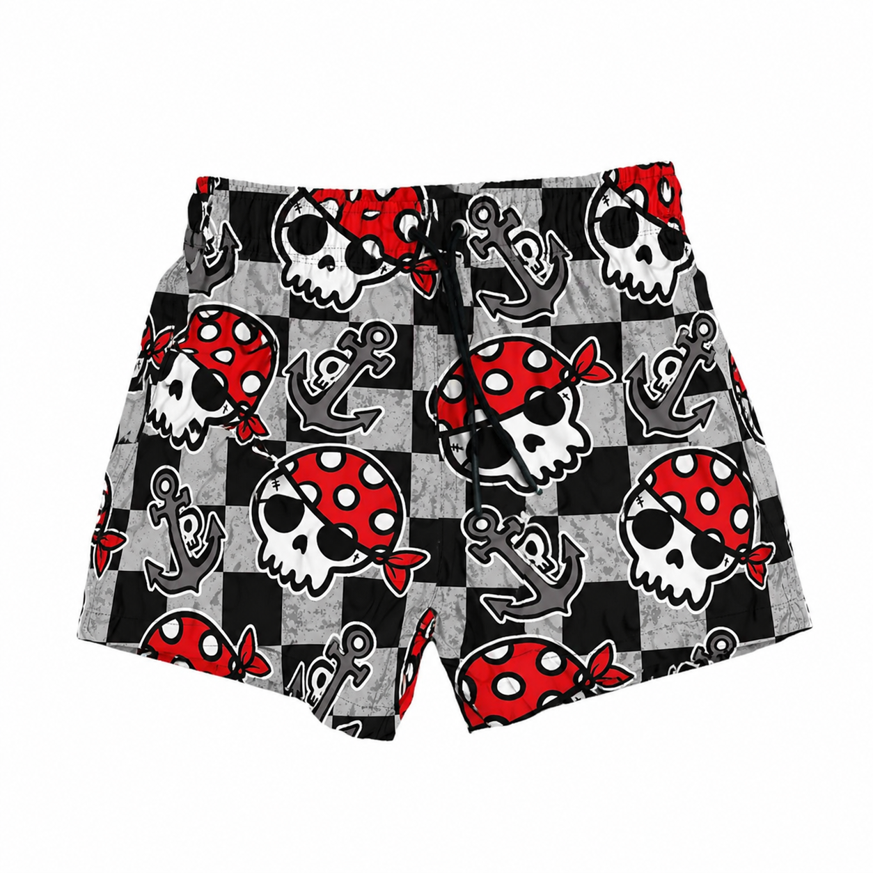 Calções de banho com padrão de caveiras e âncoras em cores preto, cinza e vermelho