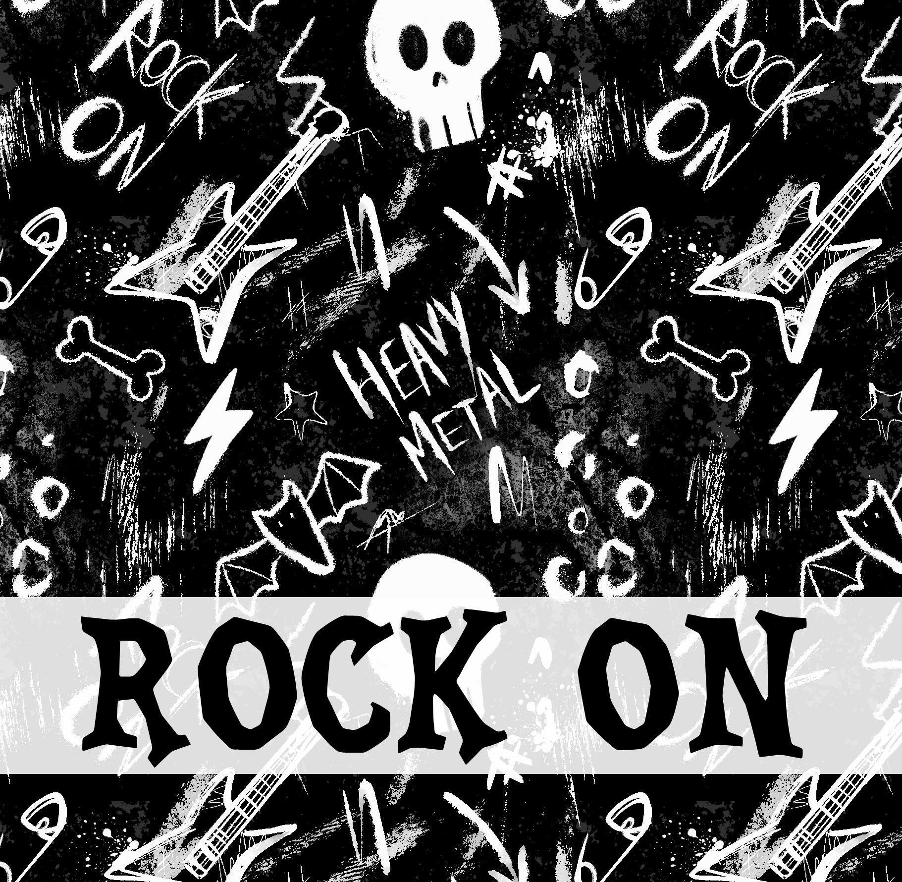 Padrão preto e branco com guitarras, caveiras, morcegos e textos ROCK ON e HEAVY METAL em estilo grafite.