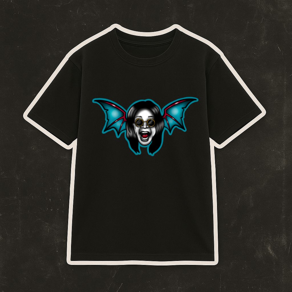 T-shirt preta com estampa de rosto demoníaco e asas de morcego azuis