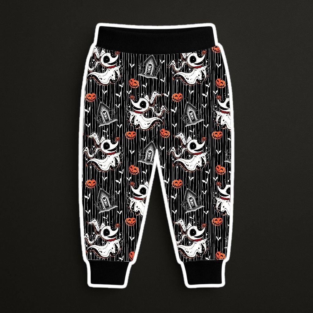 Calças de criança com padrão de Halloween em preto, branco, laranja e cinzento