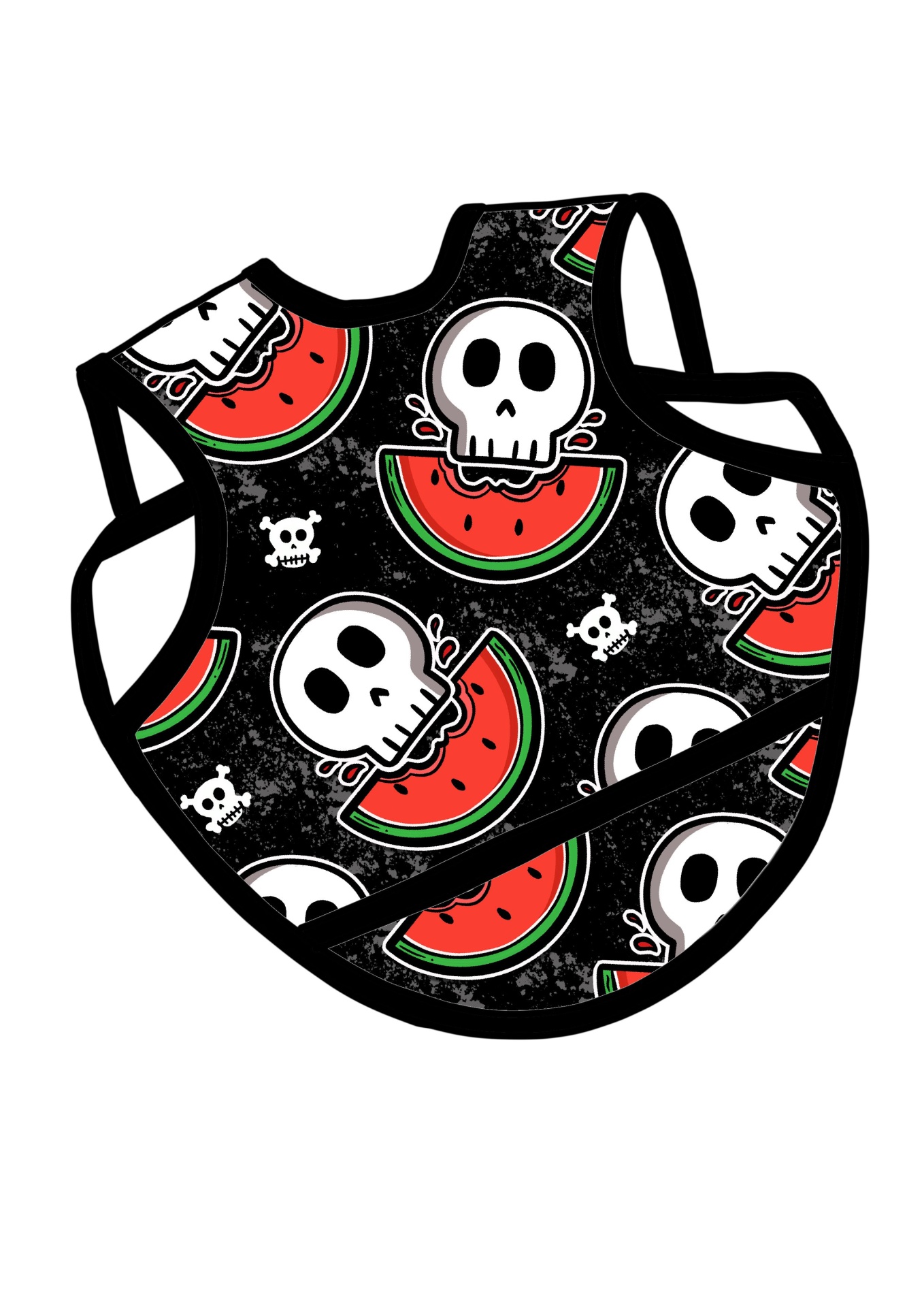 Máscara preta com padrão de caveiras e fatias de melancia.