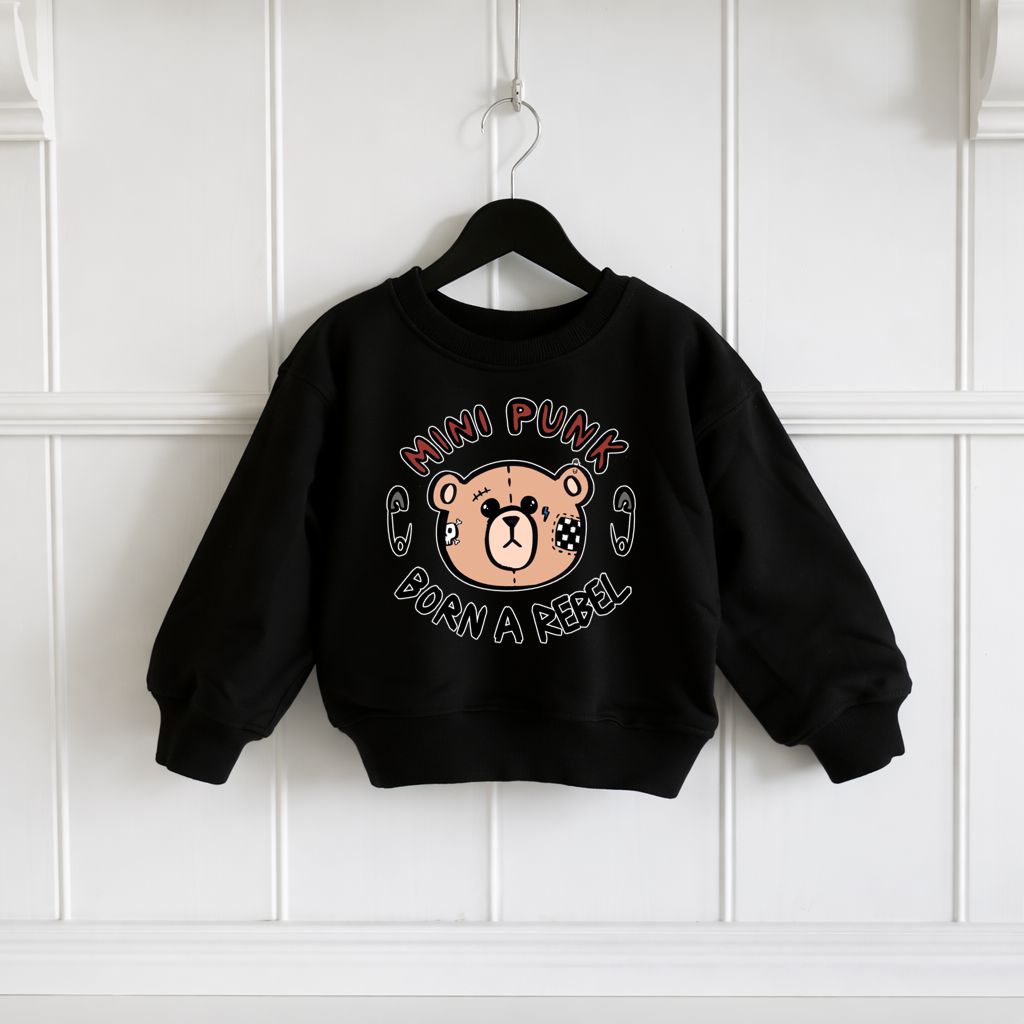 Sweatshirt preta infantil com estampa de urso e texto MINI PUNK BORN A REBEL