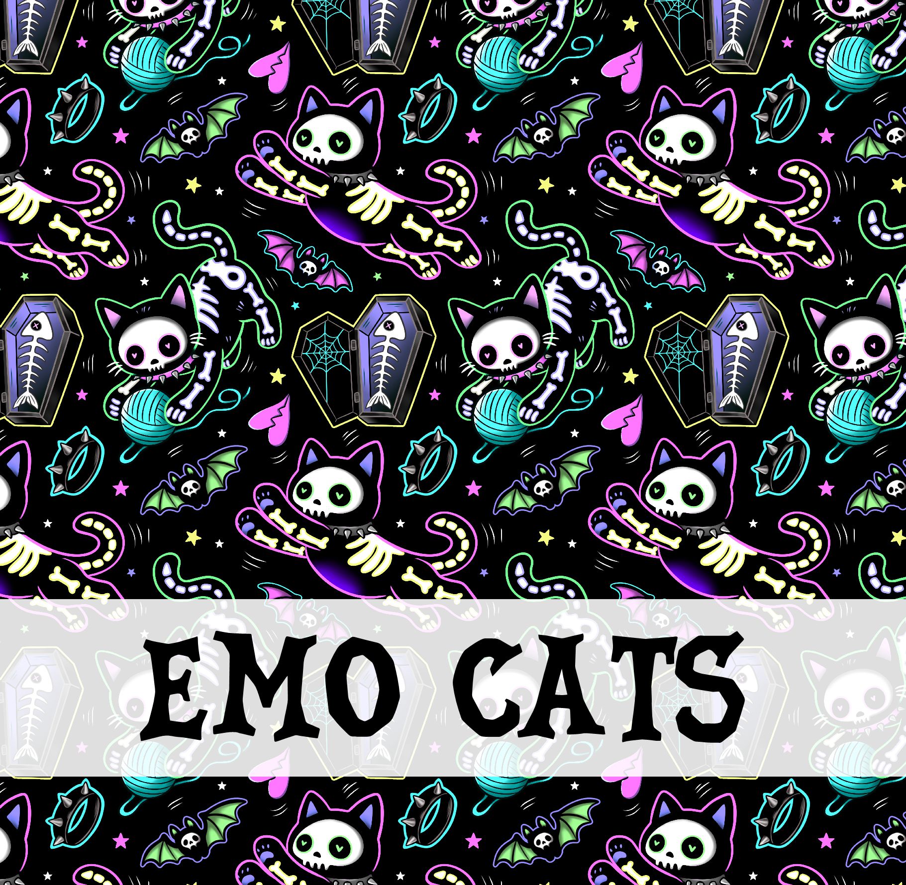 Padrão colorido com gatos esqueletos e morcegos no fundo preto