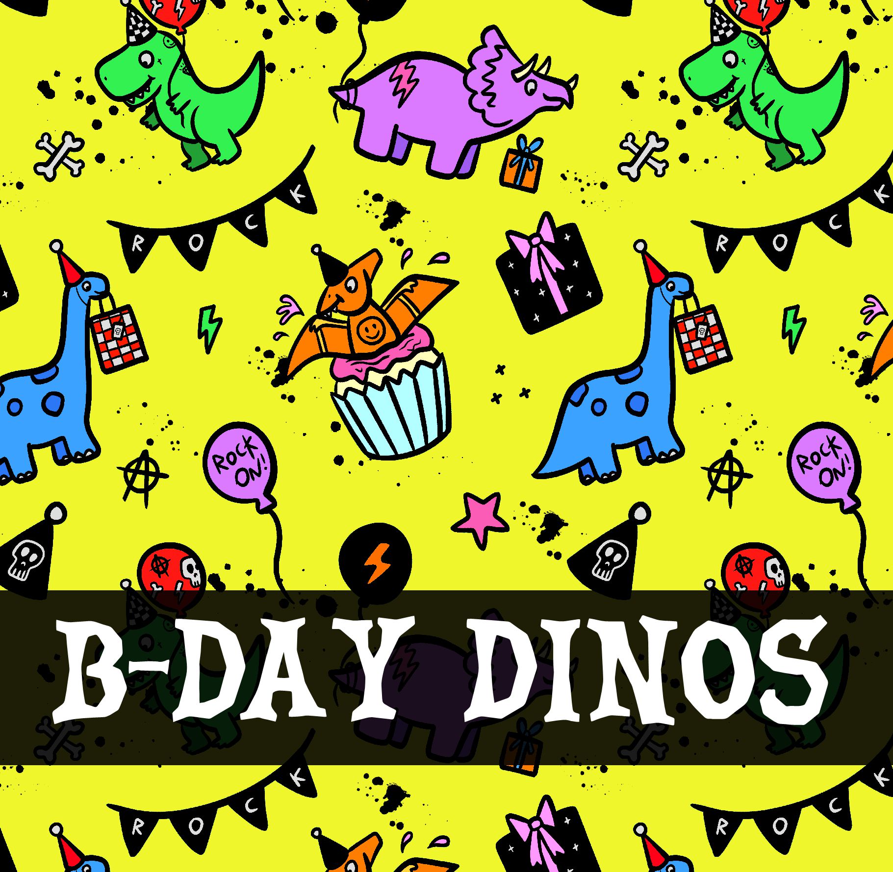 Ilustração colorida de dinossauros em festa com texto B-DAY DINOS