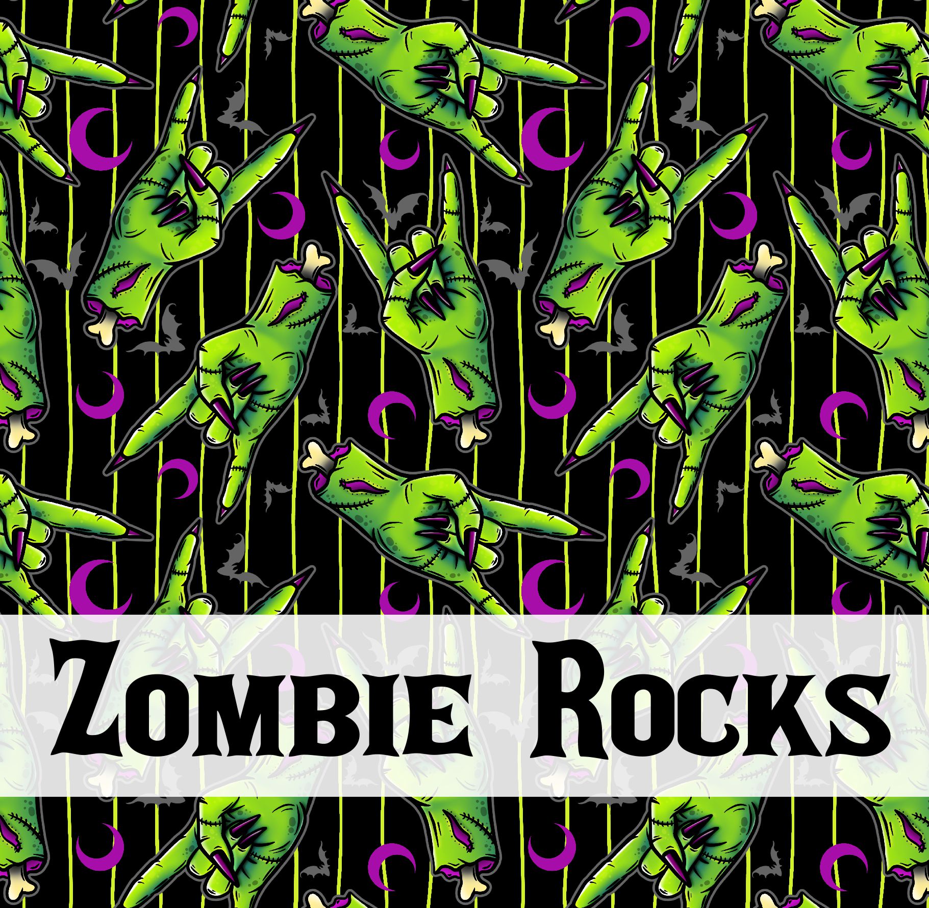 Padrão de mãos de zumbi verdes com texto Zombie Rocks no centro