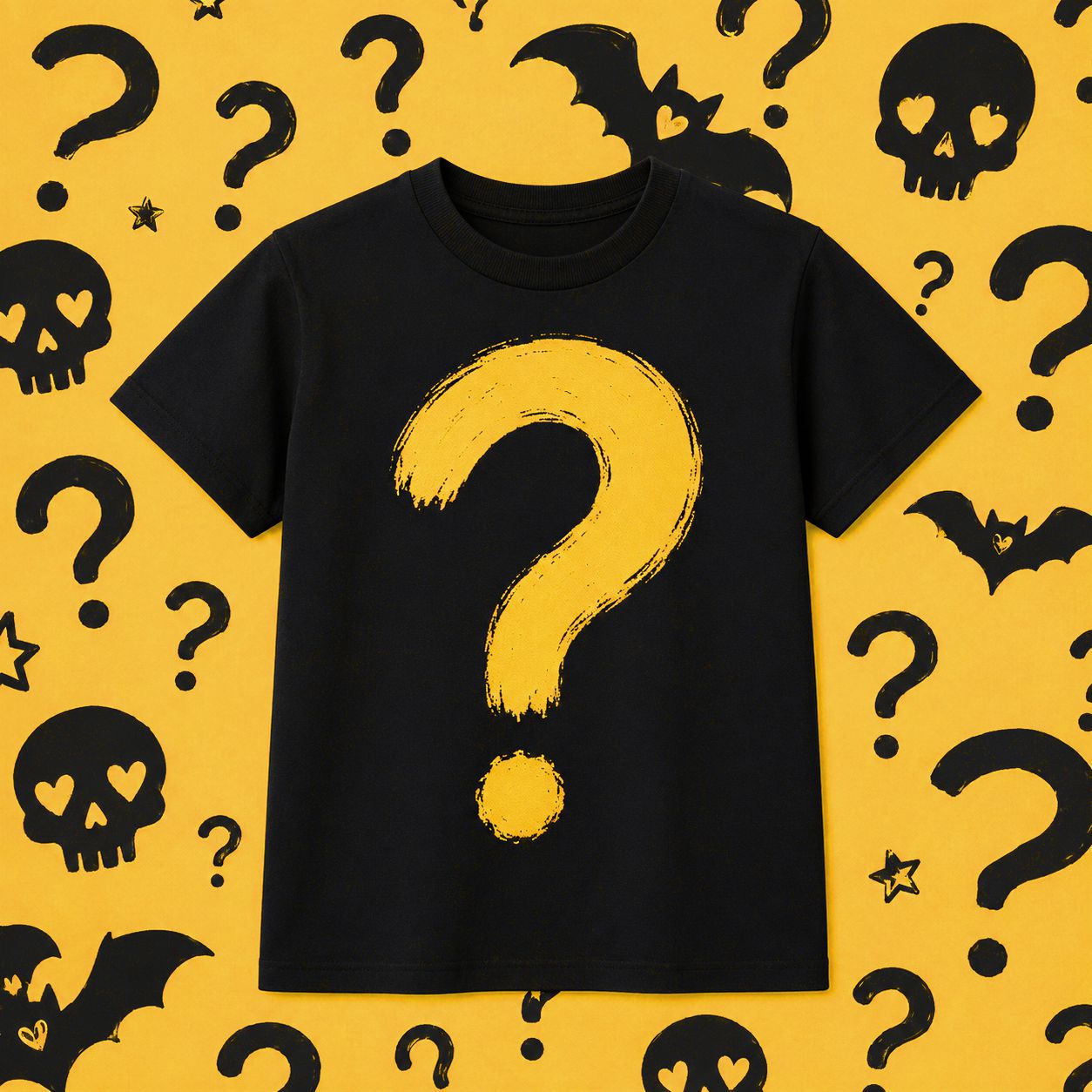 T-shirt preta com ponto de interrogação amarelo em fundo amarelo com desenhos pretos