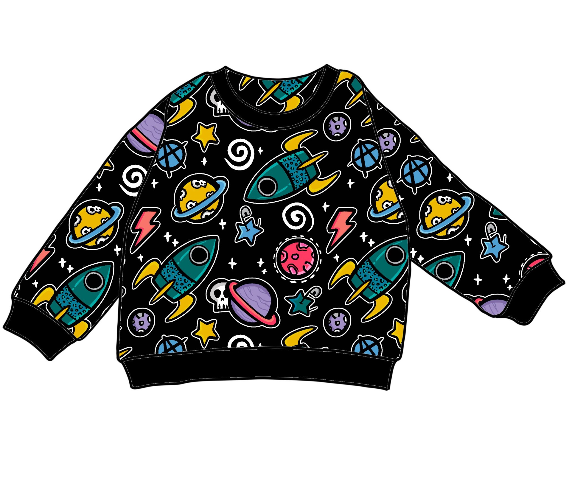 Camisola preta infantil com padrão colorido de foguetes e planetas