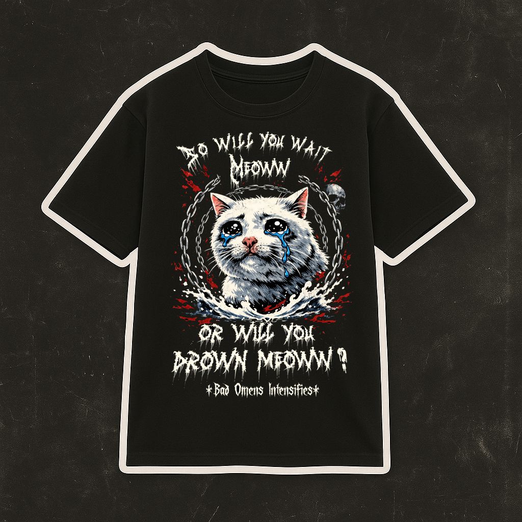 T-shirt preta com estampado de gato a chorar e texto em branco