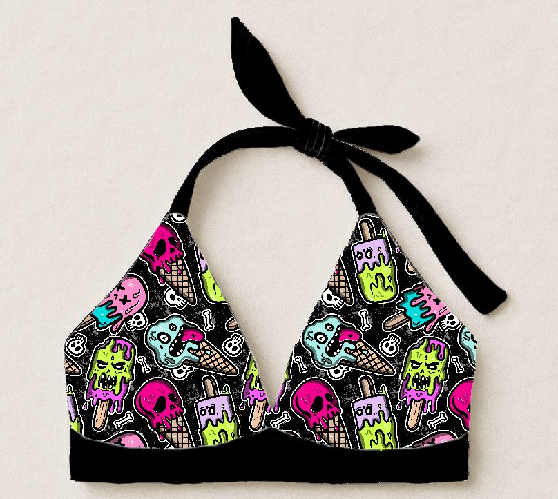 Top bikini padrão gelados e caveiras cores neon sobre fundo preto