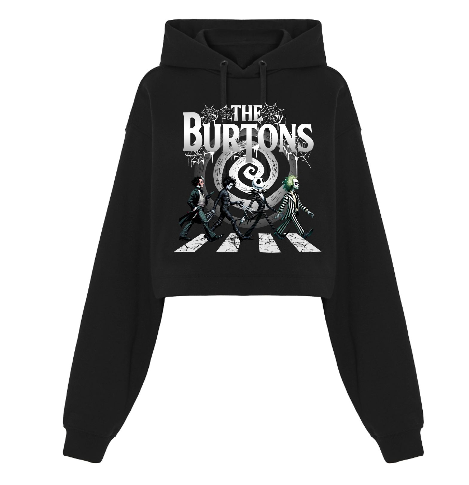 Sweatshirt cropped preta com capuz e estampa 'THE BURTONS' e personagens em estilo gráfico