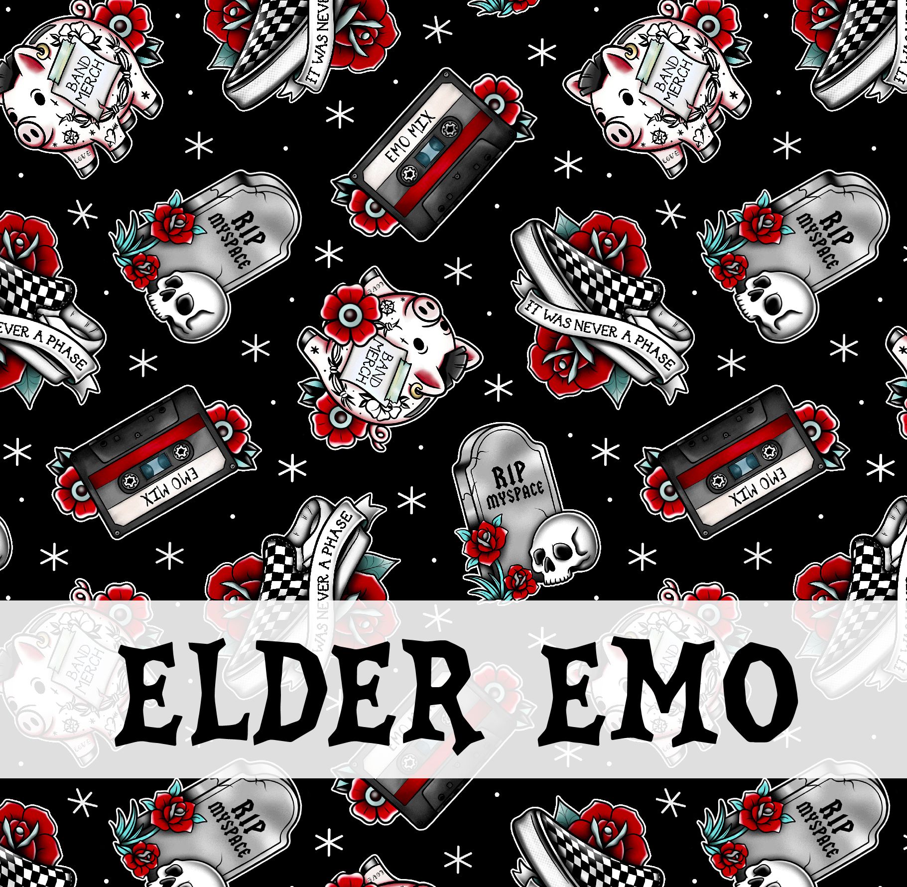 Padrão emo com cassete, lápide, sapato xadrez, porco mealheiro e flores vermelhas