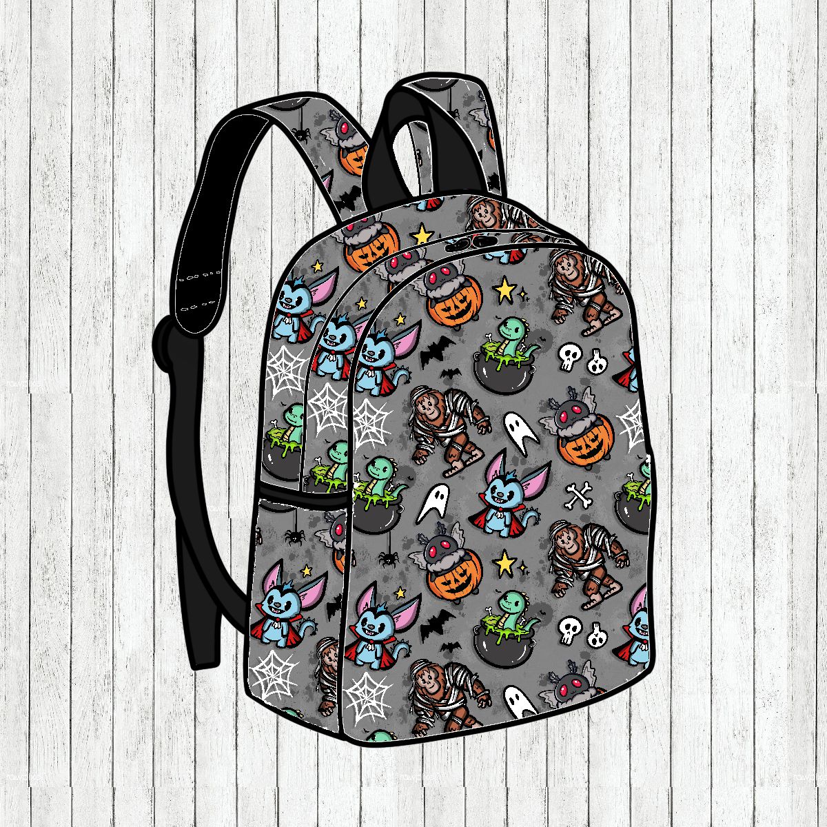 Mochila cinza com padrão divertido de Halloween e alças pretas