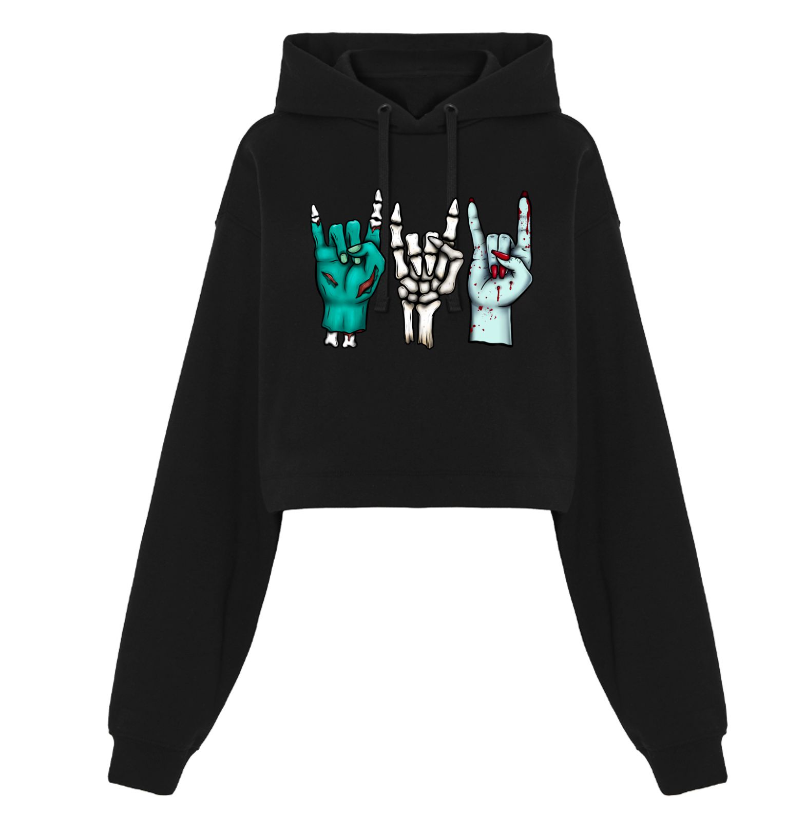 Sweatshirt preta crop com estampa de três mãos a fazerem o gesto de rocker