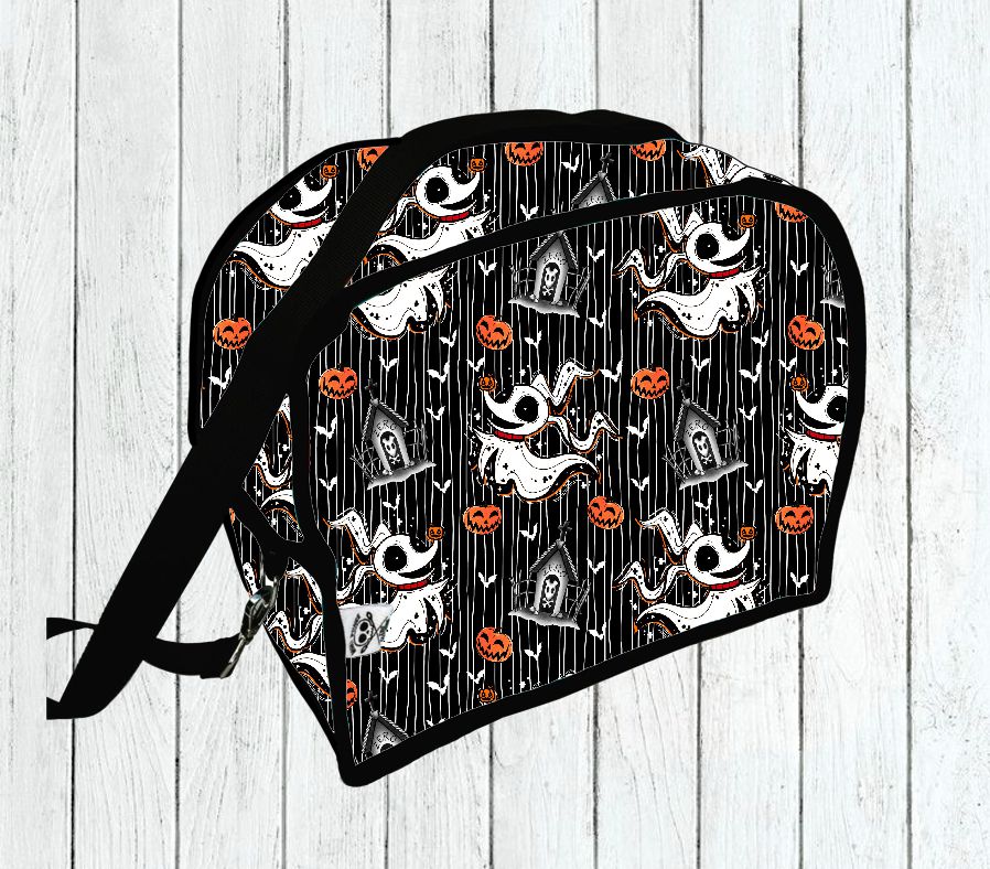 Bolsa com padrão de Halloween preto e branco com alças e fecho preto